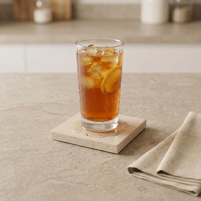6 Pack 4 Inch Square Travertine Coaster, Absorbent Marble Coaster with Cork Pad Travertine Drink Coasters Stone Coasters for Home Decor, Coffee Tabletop