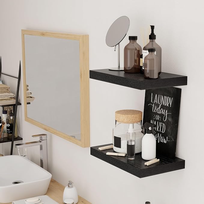 Floating Shelves for Wall, 16 inch Black Shelves 9.3in Deep Wooden Shelf, Floating Wall Shelves for Kitchen, Bathroom, Living Room & Bedroom Organizer, 16 x 9.3 x 1.5 in, 2 Packs