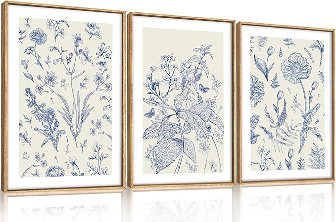 KAIRNE Navy Blue and White Floral Framed Canvas Wall Art Set,Chinoiserie Flower Wall Decor,Watercolor Botanical Art Prints,Modern Wildflower Artwork for Living Room,Bedroom,Farmhouse,Office-24 x36 x3