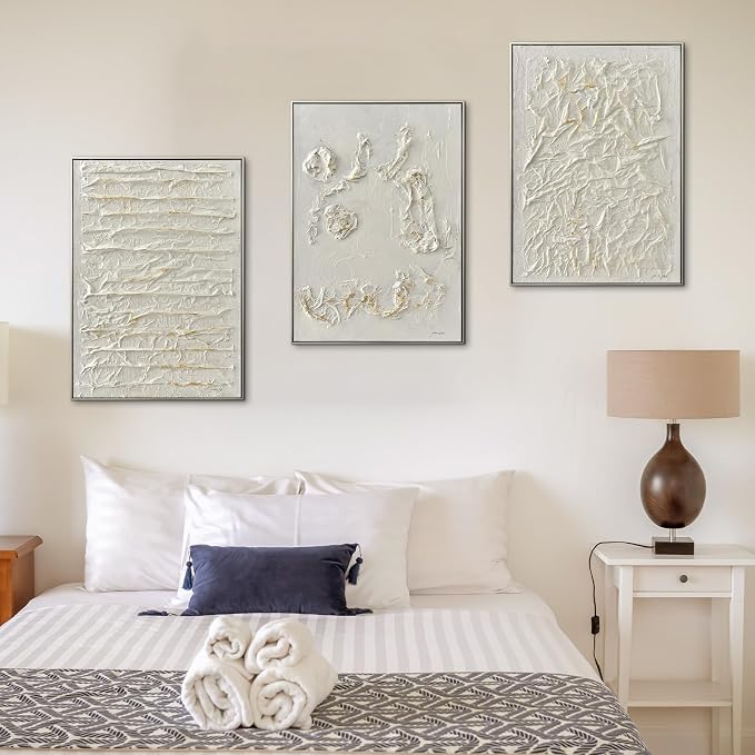 Pinetree Art Abstract Paintings Neutral Wall Art for Living Room, Framed Large Wall Decor 3D Textured Hand Painted Artwork for Home Office Decor, 19.8x27.8 Inches, Set of 3