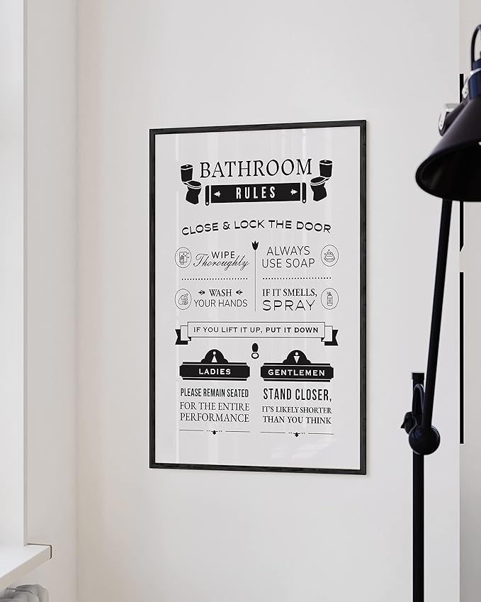 HAUS AND HUES Funny Bathroom Rules Wall Art – Toilet Rules Poster, Humorous Bathroom Sign, Funny Wall Decor for Guest Bath or Restroom (24x36, Black Frame)