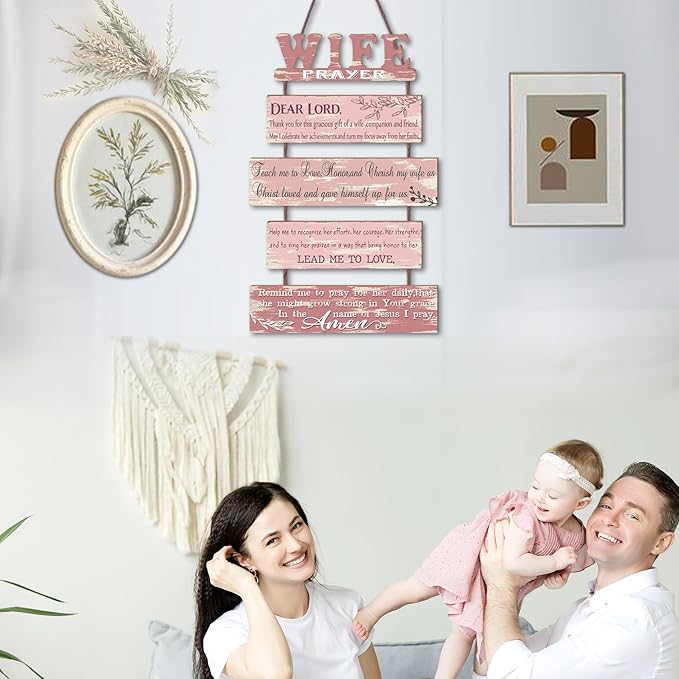 Wife Prayer Rustic Wall Sign with 5pcs Panels in Soft Pink - Christian Religious Farmhouse Hallway Family Decor - Thank You Plaque Gifts for Women Couples