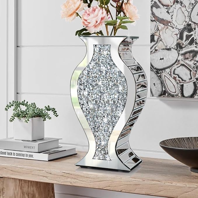 ALLARTONLY Crushed Diamond Mirror Vase Crystal Silver Glass Stunning Decorative Vase Flower Luxury for Home Décor. Can’t Hold Water.