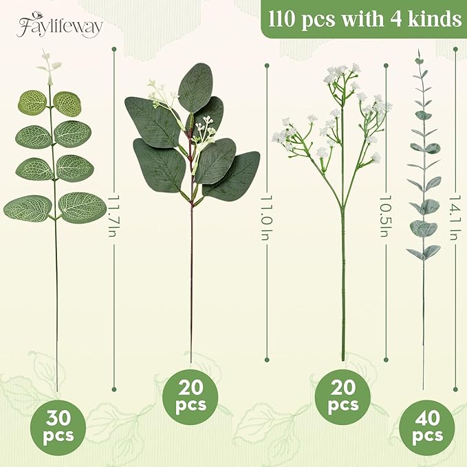 110 PCS 4 Kinds Mixed Artificial Greenery Stems,Baby Breath Flowers Artificial Bulk with Fake Eucalyptus Stems for Wedding Vase Bouquet Home Floral Decor