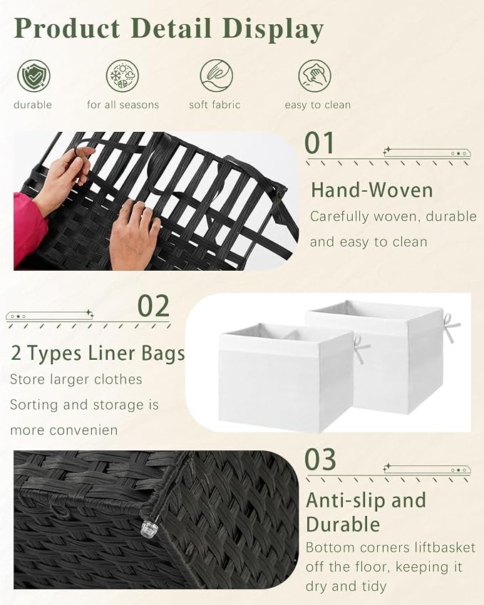 SETVSON Storage Basket with Lid Rattan Woven Storage Baskets with 2 Separate Lids, 17.2 Gallon (65 L), Wicker Storage Bins Foldable, 2 Removable Liner Bags Handles for Bedroom, Laundry Room Black
