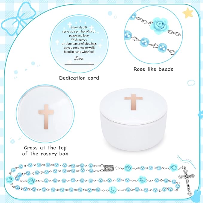 Baptism Gifts for Boy, Christening Gifts for Boys, Dedication Gift, Includes Bunny Stuffed Animal, First Rosary Beads, Prayer Book, Keepsake Blanket, Catholic Baptism Gift Basket