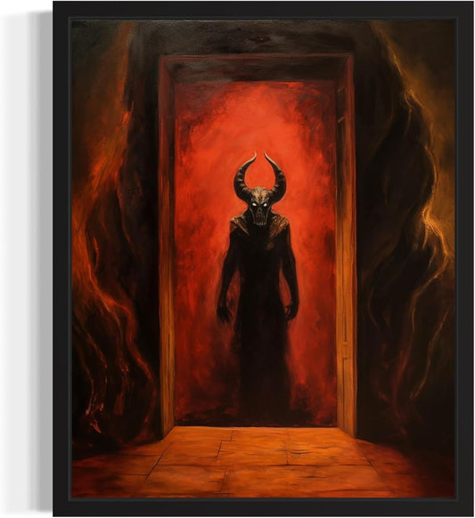 Satan and Hell Poster Art Print, Halloween Scary Vintage Wall Art Academia Spooky Painting Decoration for Horror Prints, Gothic Posters Bedroom Decor 89 (Satan and Hell, 8 x 10 inches, Black Frame)