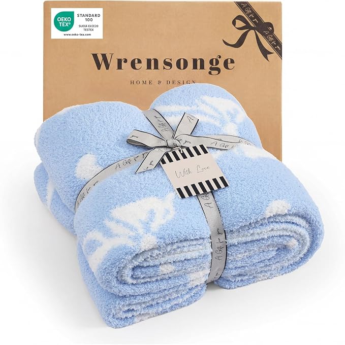 WRENSONGE Soft Throw Blanket for Couch-Cozy Reversible Knitted Blankets | Lightweight Warm Fluffy Decor for Women, Mom, Her & Girls, Sofa, Chair, Bed, 50x60in, Blue Bow
