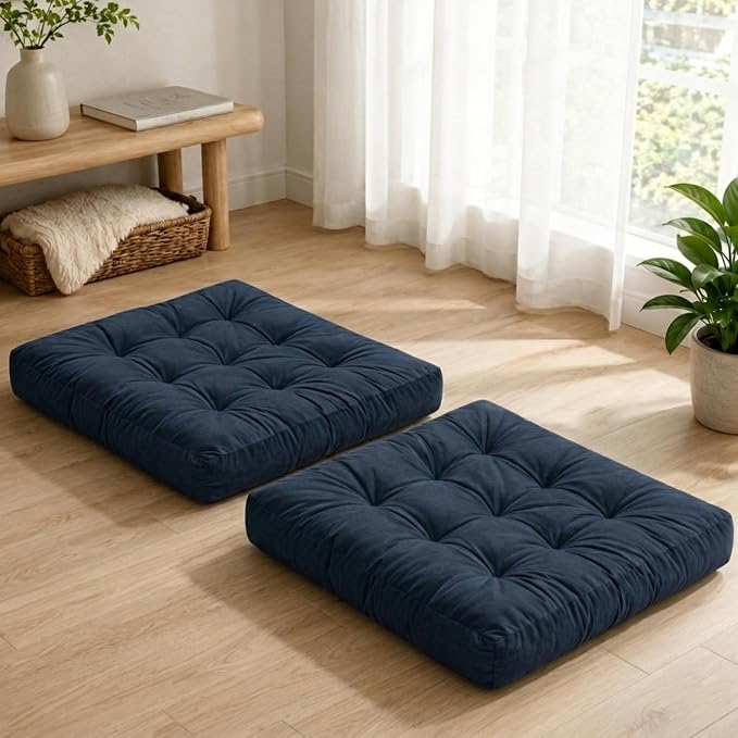 Floor Pillows for Adults Set of 2, Soft Velvet Floor Cushions for Sitting, Square Tufted Floor Pillow Set for Reading Nook, Living Room, Bedroom, 22 x 22 Inch, Navy