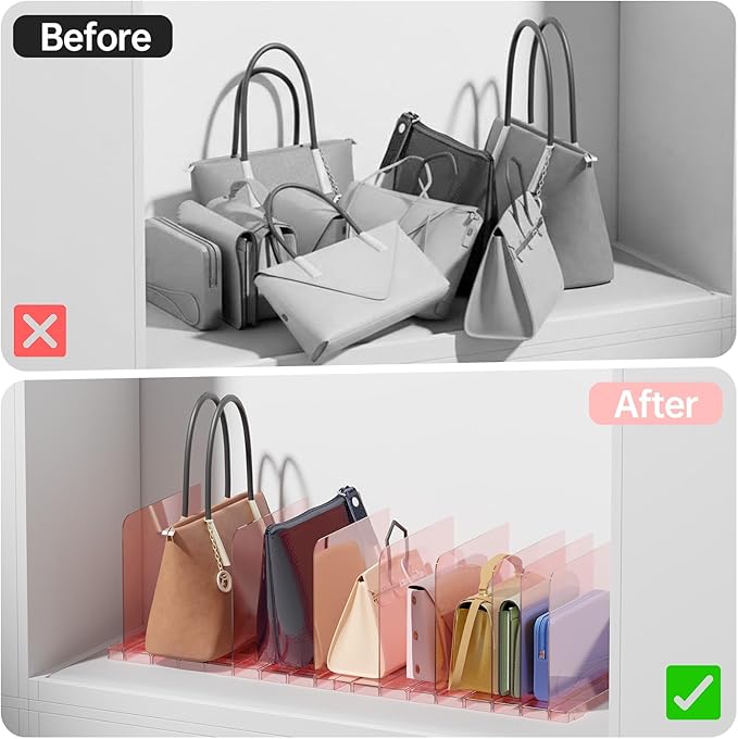 PAVSTINE Purse Organizer for Closet, Stackable Handbag Storage Shelf, Adjustable Clear Shelf Dividers, Keep Clutch, Bag, Pocketbook Upright, for Bedroom(Pink)
