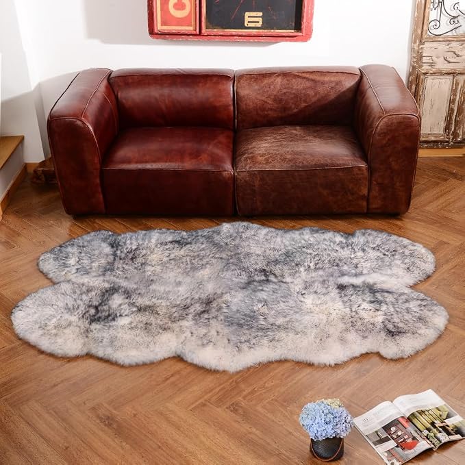 IRIWOOL Premium Genuine Fur Sheepskin Rug Real Australia Sheepskin Natural Luxury Fluffy Lambskin Fur Area Rug Seat Covers for Kids Bedroom Sofa Chair Cover (Gray Tip, 4ft x 6ft) …