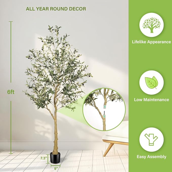 FEELEAD 6ft Faux Olive Tree – Tall Artificial Olive Tree with Natural Trunk, Fake Olive Tree Indoor Decor, Olive Plant Artificial Indoor for Home and Office