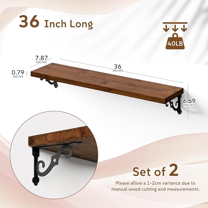 36 Inch 2 Tier Solid Wood Floating Shelves for Wall with Metal Brackets | 36 inch solid pine shelves, 2 tier, walnut finish, metal brackets for books, decor and home storage