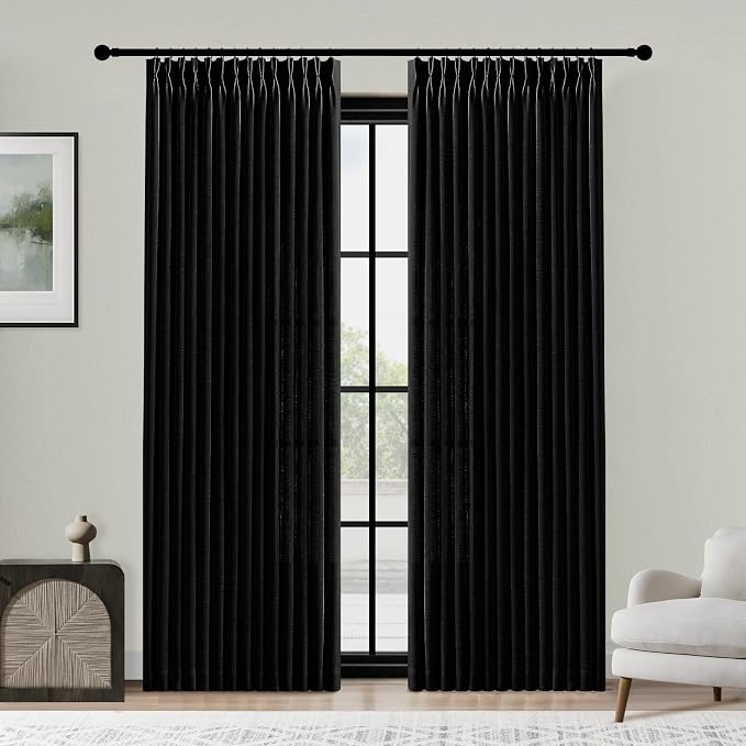 Black Linen Pinch Pleated Curtains 84 Inches Long for Living Room, Light Filtering Pleat Drapes Textured Thick Memory Trained Semi-Sheer Window Curtain with Hooks for Bedroom Dining Room, 2 Panels