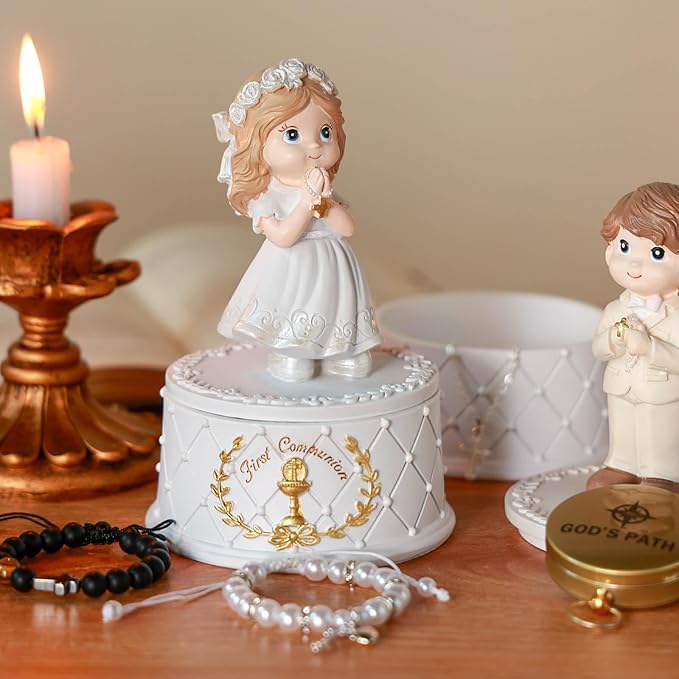 First Communion Gifts for Girls- First Holy Girl Figurine with Keepsake Box & Flower Girl Headpiece & Cross Necklace & Cross Bracelet Included, 1st Communion Gifts for Girls