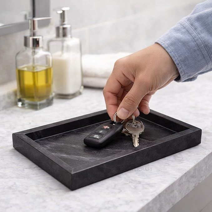 Natural Marble Tray, Black, 12" x 8", Rectangular | For Bathroom, Kitchen & Vanity Organizer, Desktop & Coffee Table Use, Stone Organizer