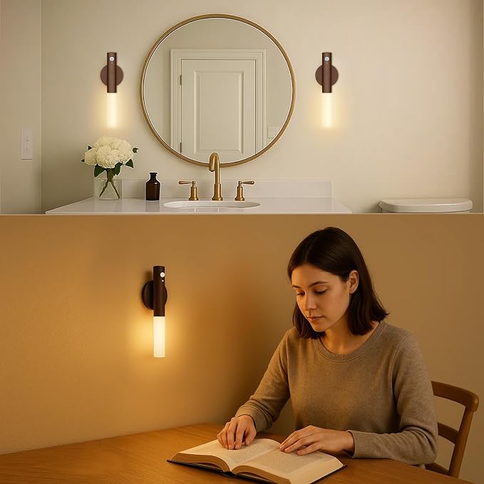 WhitePoplar Rechargeable Motion Sensor Night Lights - 2200mAh Battery Operated Wall Sconces, Wireless Wall Lights Sconce, Magnetic Portable Hallway Light for Picture Stair Cabinet, 3000K 4 Pack