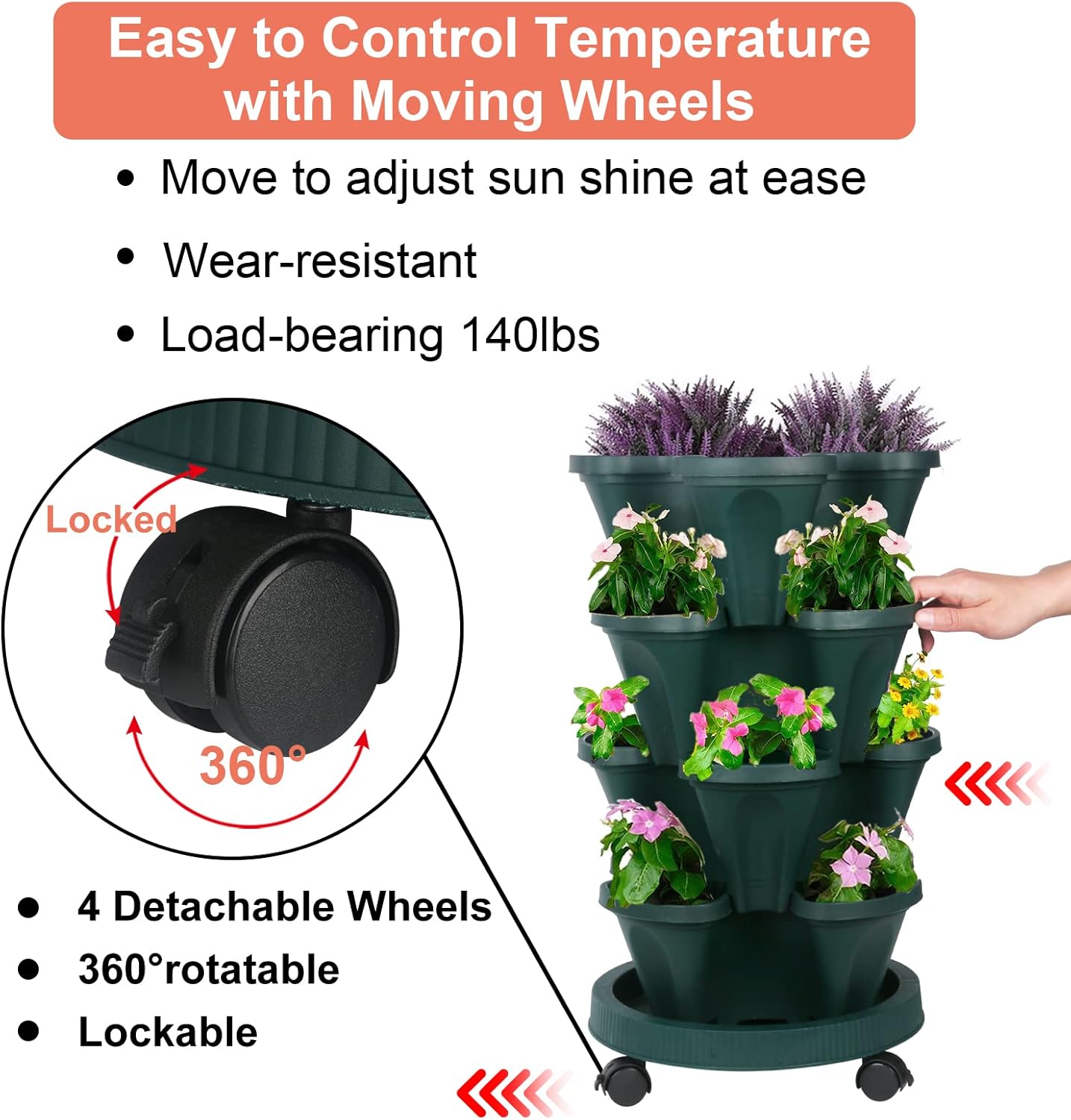 DUNCHATY Stackable Planter, Vertical Garden Planter with Wheels and Tools, Self Watering Strawberry Planter Indoor/Outdoor 4 Tier Herb Planter Pots for Growing Vegetables and Succulents,Pine Green