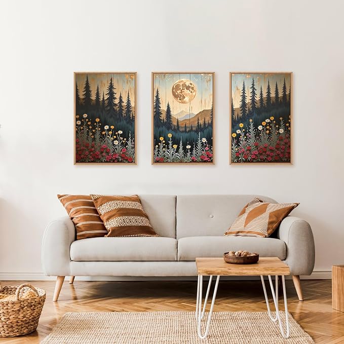 Vintage Moon Forest Framed Canvas Wall Art Set 24"X36"X3 | Wildflower Mountain Nature Pine Tree Colorful Floral Midnight Art Prints Living Room Bedroom Office