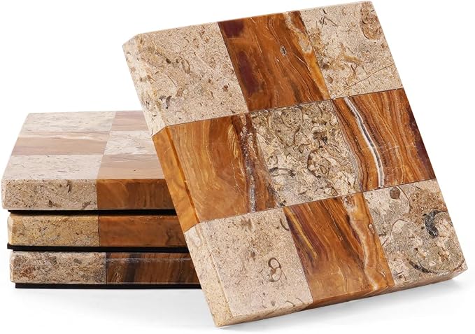Marble Coasters Set of 4, Coral & Red Handmade 4 inch Square Natural Marble Coaster, Elegant Drink Checkered Coasters for Coffee Table, Stylish Bar Accessories & Home Décor