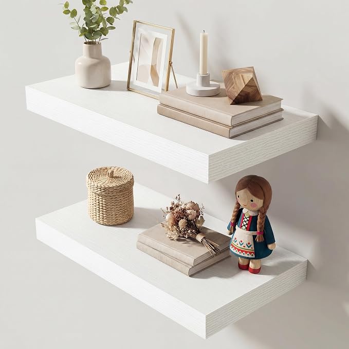 Dreamland 16 Inches Floating Shelves for Wall, 9.3" Deep Long Floating Shelves Set of 2, Large Display & Storage Shelf, Wall Shelf for Bathroom Bedroom Living Room Kitchen Office, White