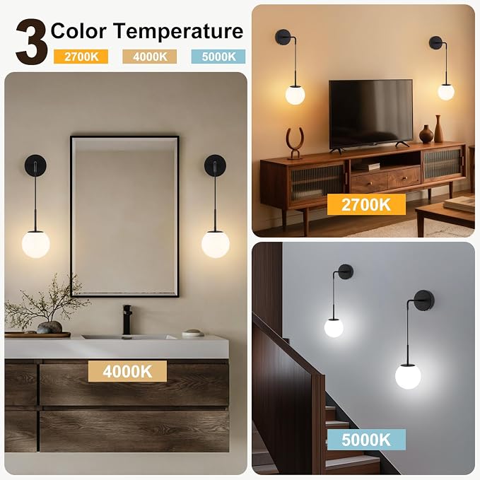 Battery Operated sconces Set of 2 Glass Globe Rechargeable Black Wall Light Fixture Wireless Wall Lights with Clear Glass Shade for Living Room, Hallway, Bedroom(2 Pack)