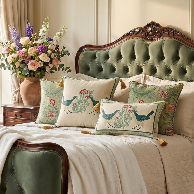 patdrea French Vintage Linen Throw Pillow Cover,18"x18",Set of 2-Cecilia E | Decorative Pillow Case with Zipper,Green Floral Pattern,Cushion Coverfor Couch Living Room Bedroom Sofa