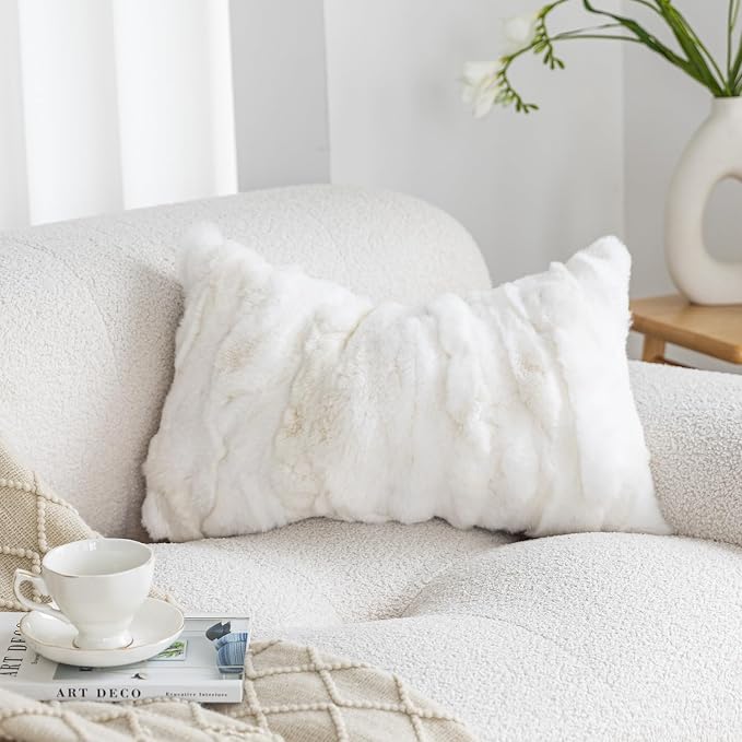 Genuine Rabbit Fur Throw Pillow Covers Set of 2,Luxury Decorative Pillowcases Soft Fluffy Animal Skin Accents Bolster Cushion Cover for Couch Sofa Bedroom Living Room Home,12x20inch,White