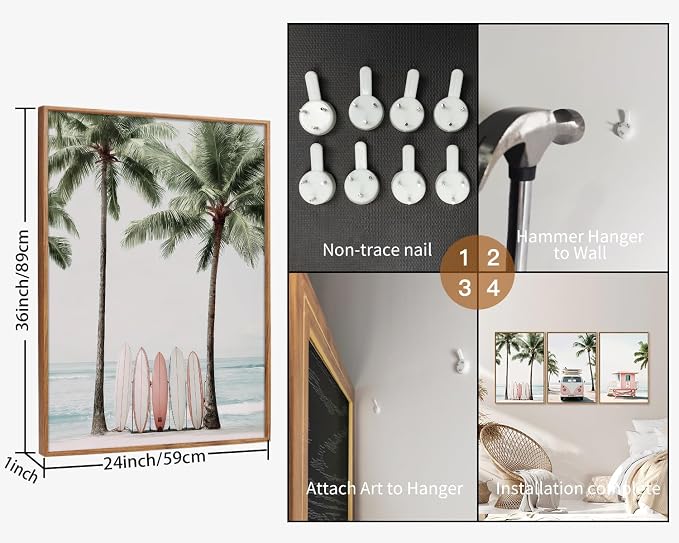 KYLESONLIE Tropical Beach Themed Framed Canvas Wall Art, Pastel Girly Surfboard Wall Decor, Relaxing Hawaii Palm Tree Posters, Coastal Beachy Art Paintings for Girls Bedroom Living Room Dorm 24"x36"x3