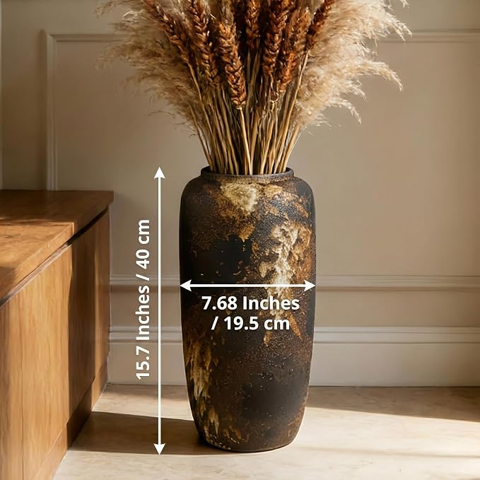 Black Rustic Ceramic Tall Floor Vase, 15.7 Inch Vintage Large Farmhouse Vase Pottery Clay Terracotta Rustic Vases for Home Decor Living Room Entryway Table Centerpieces,Kitchen,Housewarming Gifts