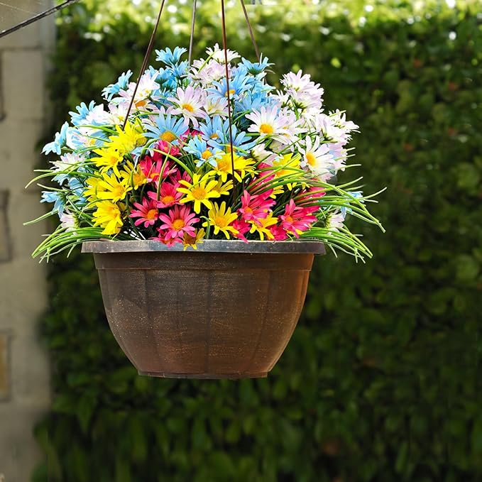 4 Bundles Artificial Large Daisy Fake Plants Flowers Faux Silk Wildflowers Bouquet Outdoor UV Resistant for Home Decor Indoor Outside Garden Front Porch Planters Decoration (Multi Color)