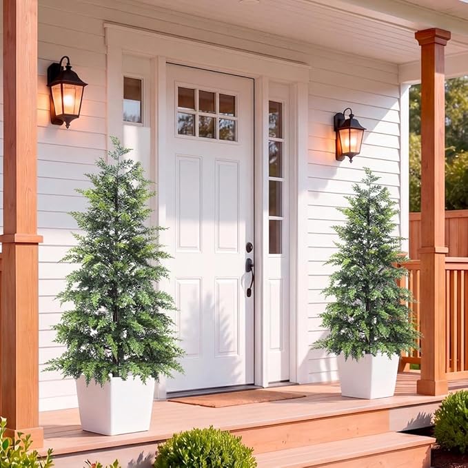 ENVEN Outdoor Artificial Topiary Cedar Tree Real Touch Faux Pine Evergreen Shrub Plant UV Resistant Greenery Tree with Pot Realistic Cypress Front Porch Decor (4FT-2Pack)