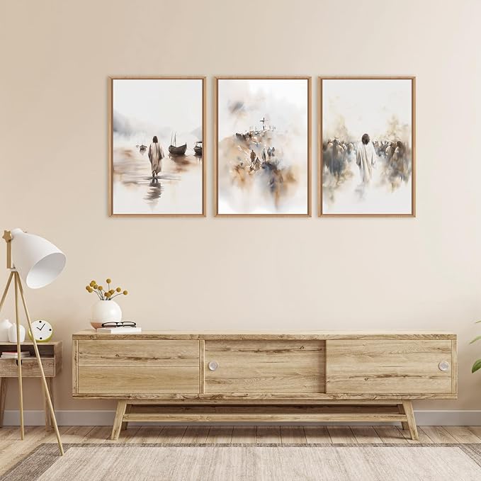 Christian Jesus Framed Canvas Wall Art Set, Vintage Religious Wall Decor,Watercolor Bible Wall Painting, Abstract God Cross Christmas Art Prints for Living Room Bedroom, Church -24"x36"x3