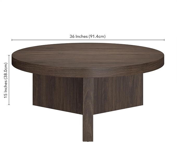 Henn&Hart 36" Fluted Round Low-Profile Coffee Table with Ribbed Pedestal Base Living Room, Family Room, or Office, Rich Brown