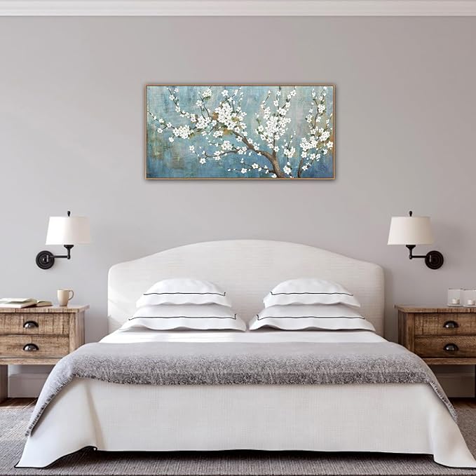 yearainn Framed Floral Tree Wall Art – White Flowers Green Leaves Branches Picture, Vintage Blue-Turquoise Background, Watercolor Artwork for Home Decor, Ready to Hang, Natural Wood Frame, 24" x 48"