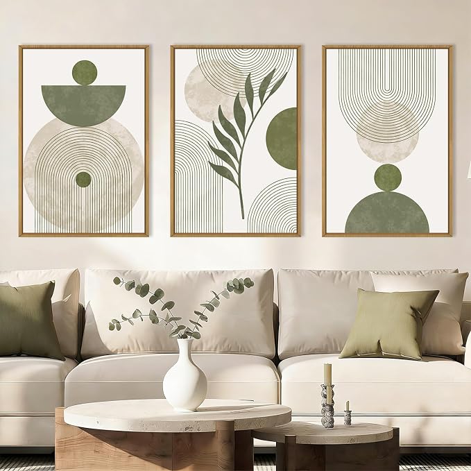 DRACIT Large Sage Green Boho Framed Canvas Wall Art Set,Abstract Modern Beige Green Arch Wall Decor,Minimalist Leaf Lines Artwork for Living Room,Bedroom,Office-24 x36 x3
