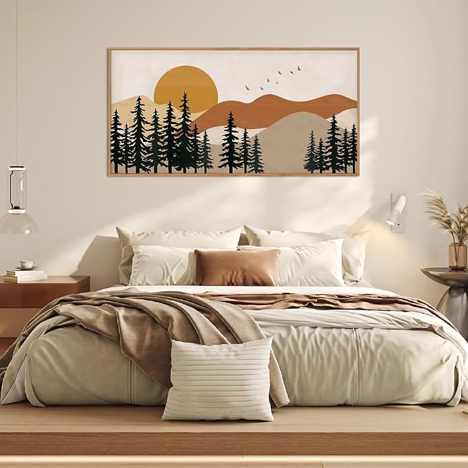 Large Boho Mountain Framed Canvas Wall Art Set,Nature Forest Pine Tree Wall Decor,Modern Mid Century Sunset Landscape Artwork for Living Room,Bedroom-20 x40