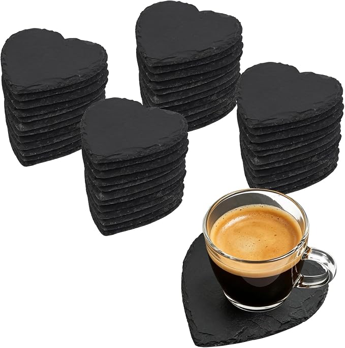 Slate Coasters Set, 48 Retro Heart Slate Drink Coasters, Heat-Resistant Blank Slate for Engraving, Ideal for Drinks, Gifts, Wedding Parties, Decor, Christmas, Home & Bar (48 Heart)