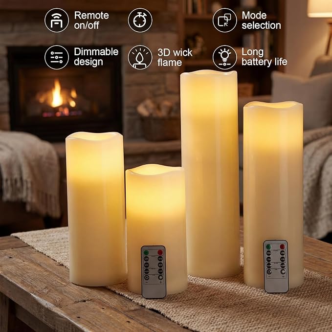 Rossesay 8" 10" 12" 14" x 4" Large Waterproof Outdoor Flameless Candle, 4 Pcs LED Pillar Candle with Remote and Timer Battery Operated Jumbo Flickering for Halloween Xmas Church (Ivory White, Vivid)