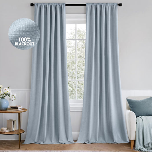 MIULEE 100% Blackout Curtains 90 Inch Long 2 Panels Set for Bedroom, Thick Faux Linen Black Out Curtain Room Darkening Back Tab Pleat Window Textured Drapes with Hooks for Living Room, Chambray Blue