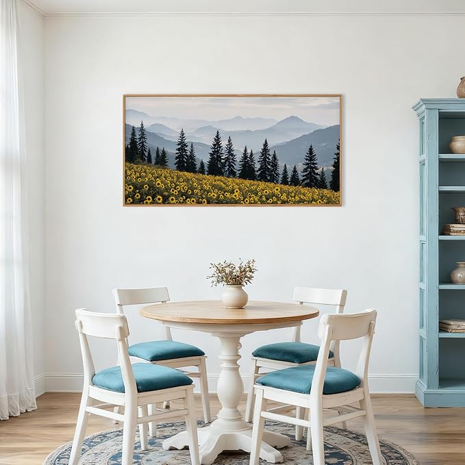HPNIUB Large Boho Mountain Sunflowers Framed Canvas Wall Art Set, Nature Pine Tree Landscape Wall Decor, Misty Forest Art Print, Rustic Wildflower Painting Artwork for Living Room, Bedroom,Office -20''x40''
