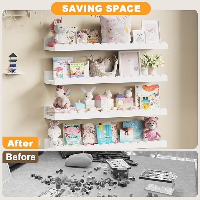 Yirilan 4-Pack 23.5IN Scalloped Shelves, Nursery Shelves for Wall, Floating Nursery Book Shelves for Kids, White