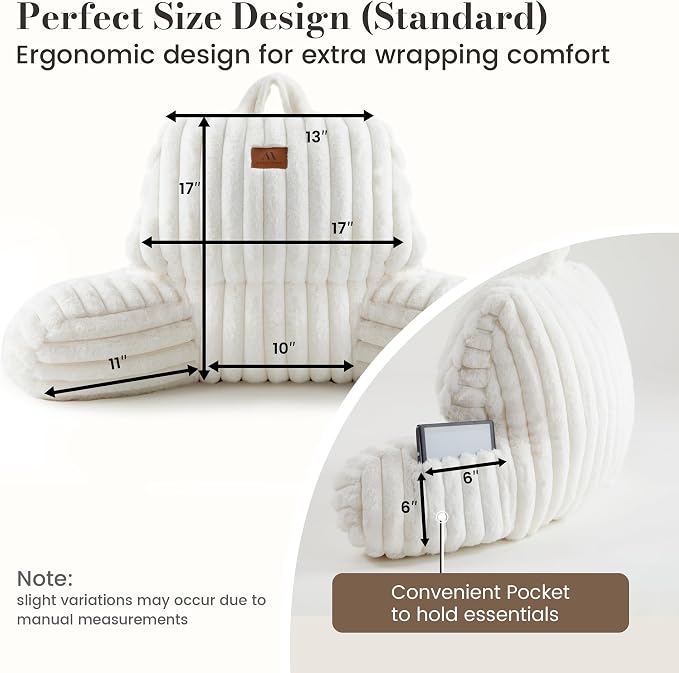 Amélie Home Faux Fur Reading Pillow with Pocket for Sitting in Bed, Kids Backrest Bed Pillow with Washable Cover for Lounging, Watching TV/Reading/Gaming/Resting/Post/Surgery/Nursing, Ivory 17 inches