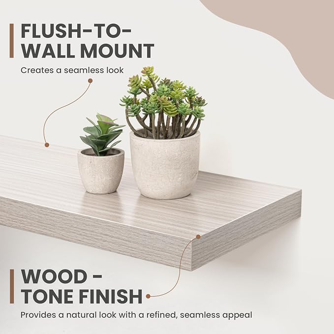 Acovy 55 Inch Floating Shelves, 8 Inch Deep Floating Shelves for Wall, Hanging Shelf with Invisible Brackets, Deep Shelves for Bathroom, Bedroom, Living Room, Grey, Set of 2