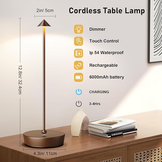 Set of 2 Rechargeable Cordless Table Lamp,6000mAh LED Battery Operated Desk Lamp Touch 3 Color Dimming Portable Outdoor Waterproof Table Light for Patio/Restaurant/Dining/Home (Coffee)