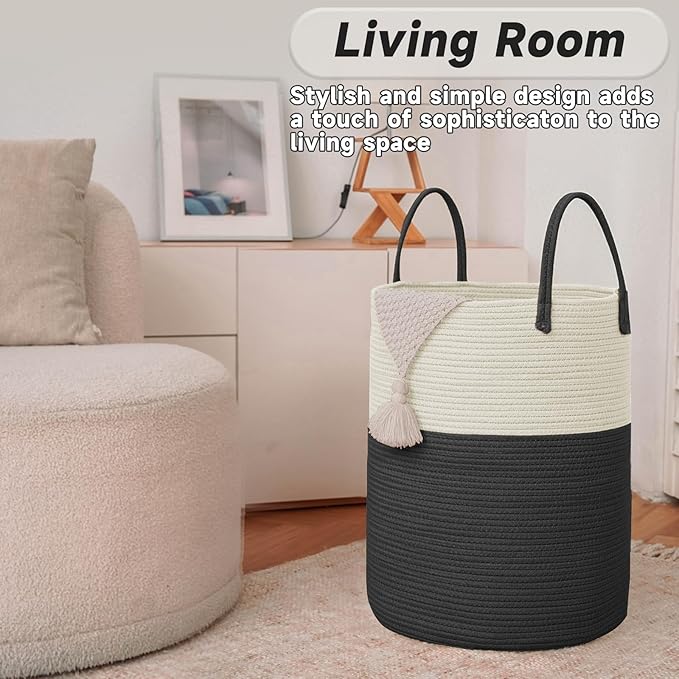 JMvicyroam Large Woven Laundry Basket Hamper,80L Cotton Rope Storage Bin for Blankets,Toys and Clothes,Decorative Tall Nursery Hamper for Living Room,Baby Nursery,Bathroom and Bedroom,White and Black
