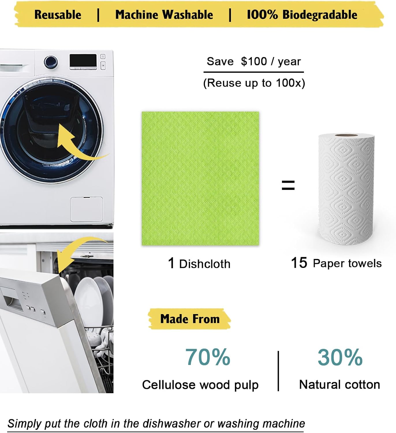 Swedish Dishcloths for Kitchen | 6 Pack Absorbent Cellulose Sponge Cloths Washable | Non-Scratch Reusable Paper Towels Quick Drying Cleaning Cloths - Lime Green