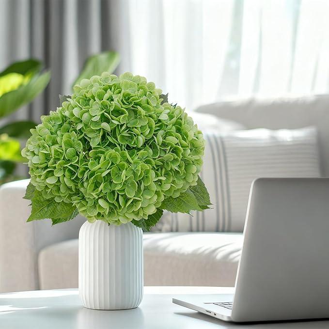 4 Pcs Artificial Hydrangea Silk Flowers with Stems, 19.7" Green Faux Hydrangeas Bouquet, 240 Petals, UV Resistant & Waterproof Fake Flower for Outdoor Wedding Home Decor