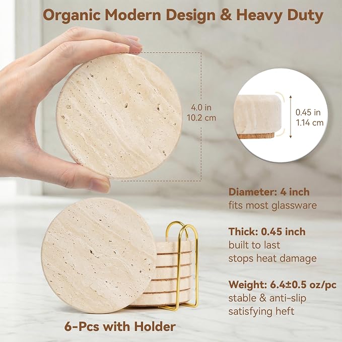 Set of 6 Travertine Marble Coasters with Holder, Elegant Rustic Farmhouse Table Accent, Neutral Warm Beige Stone Drink Coasters for Any Home Decor, Gift Boxed for Housewarming Wedding Hostess