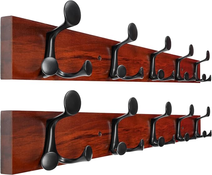 WEBI Coat Rack Wall Mount,30" Solid Wood Coat Hooks Wall Mounted Coat Hanger,16" Hole to Hole,Heavy Duty Hook Rack Rail,5 Triple Hooks for Hanging Coats,Jacket,Clothes,Hat,Backpack,Cherry,2 Packs